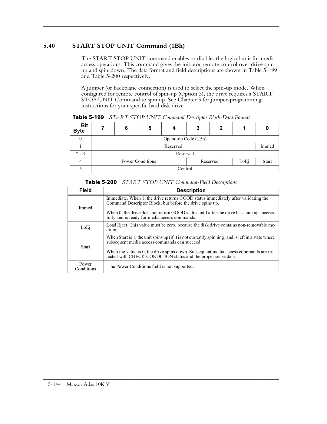 Maxtor 10K V manual Start Stop Unit Command 1Bh, 199START Stop Unit Command Descriptor Block-Data Format 