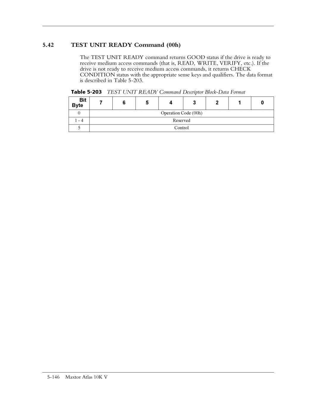 Maxtor 10K V manual Test Unit Ready Command 00h, 203TEST Unit Ready Command Descriptor Block-Data Format 