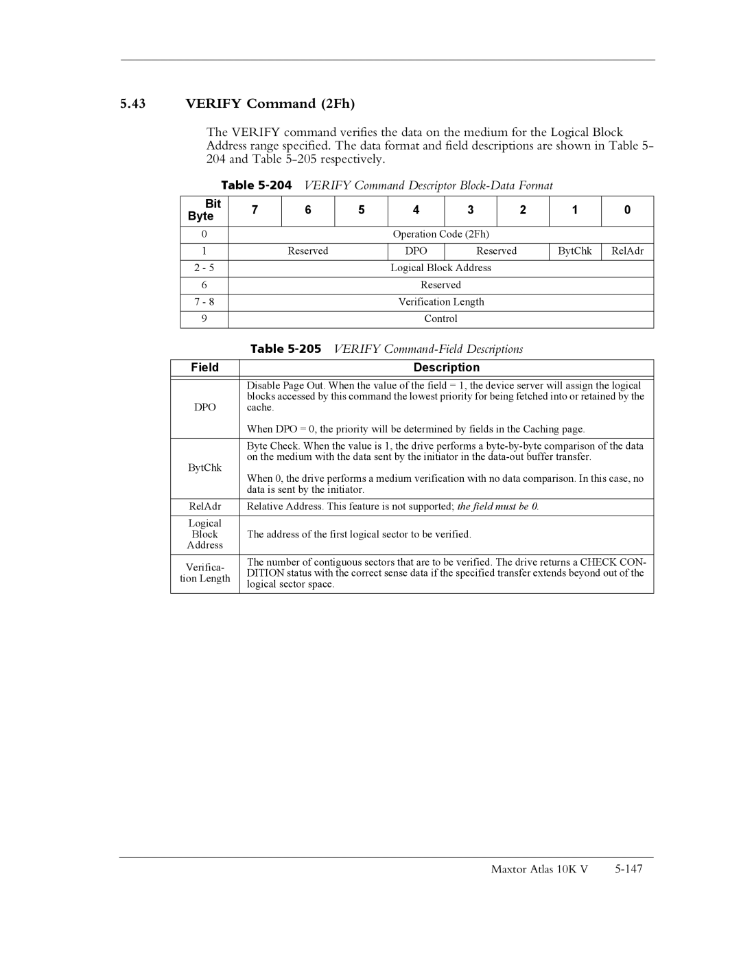 Maxtor 10K V manual Verify Command 2Fh, 204VERIFY Command Descriptor Block-Data Format, Verify Command-Field Descriptions 