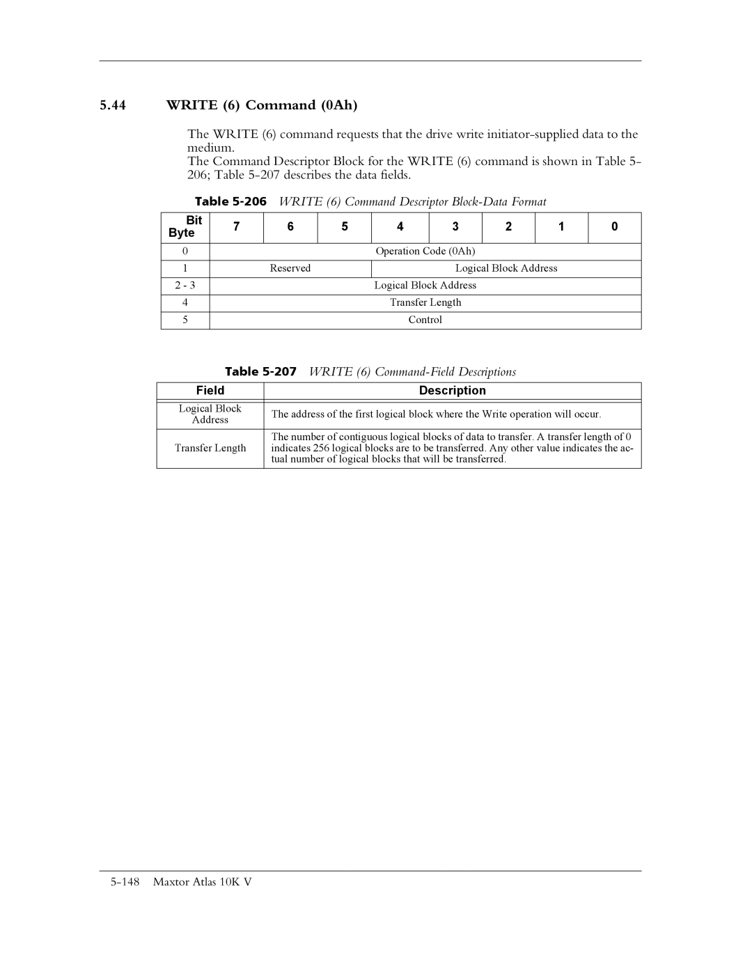 Maxtor 10K V Write 6 Command 0Ah, 206WRITE 6 Command Descriptor Block-Data Format, Write 6 Command-Field Descriptions 