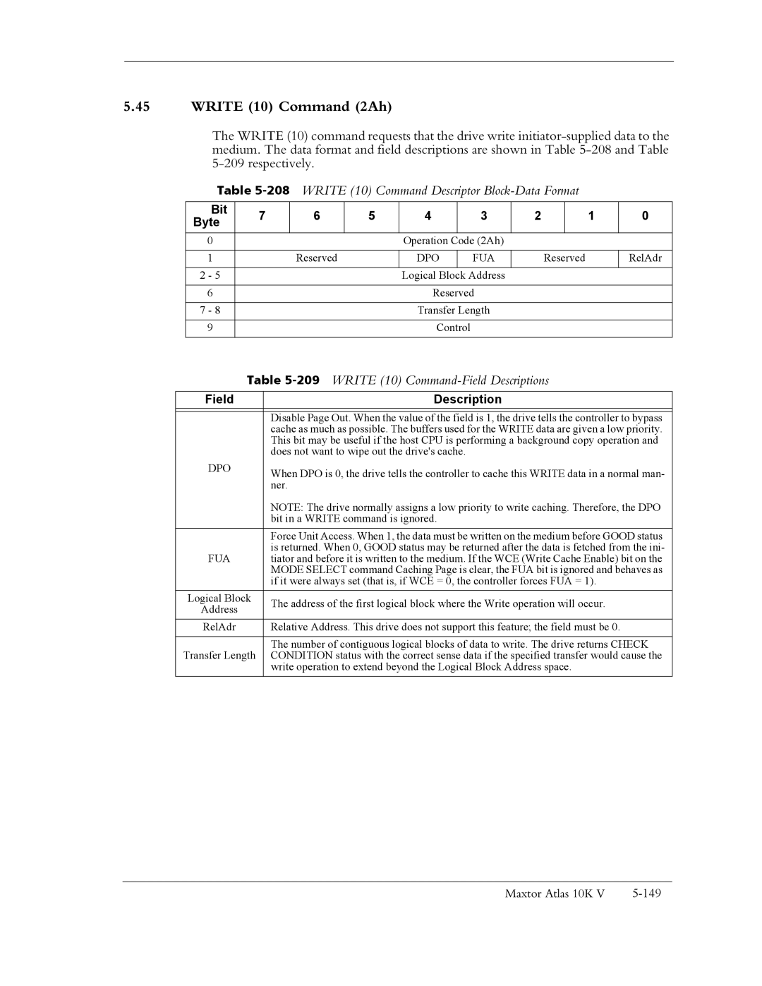 Maxtor 10K V Write 10 Command 2Ah, 208WRITE 10 Command Descriptor Block-Data Format, Write 10 Command-Field Descriptions 