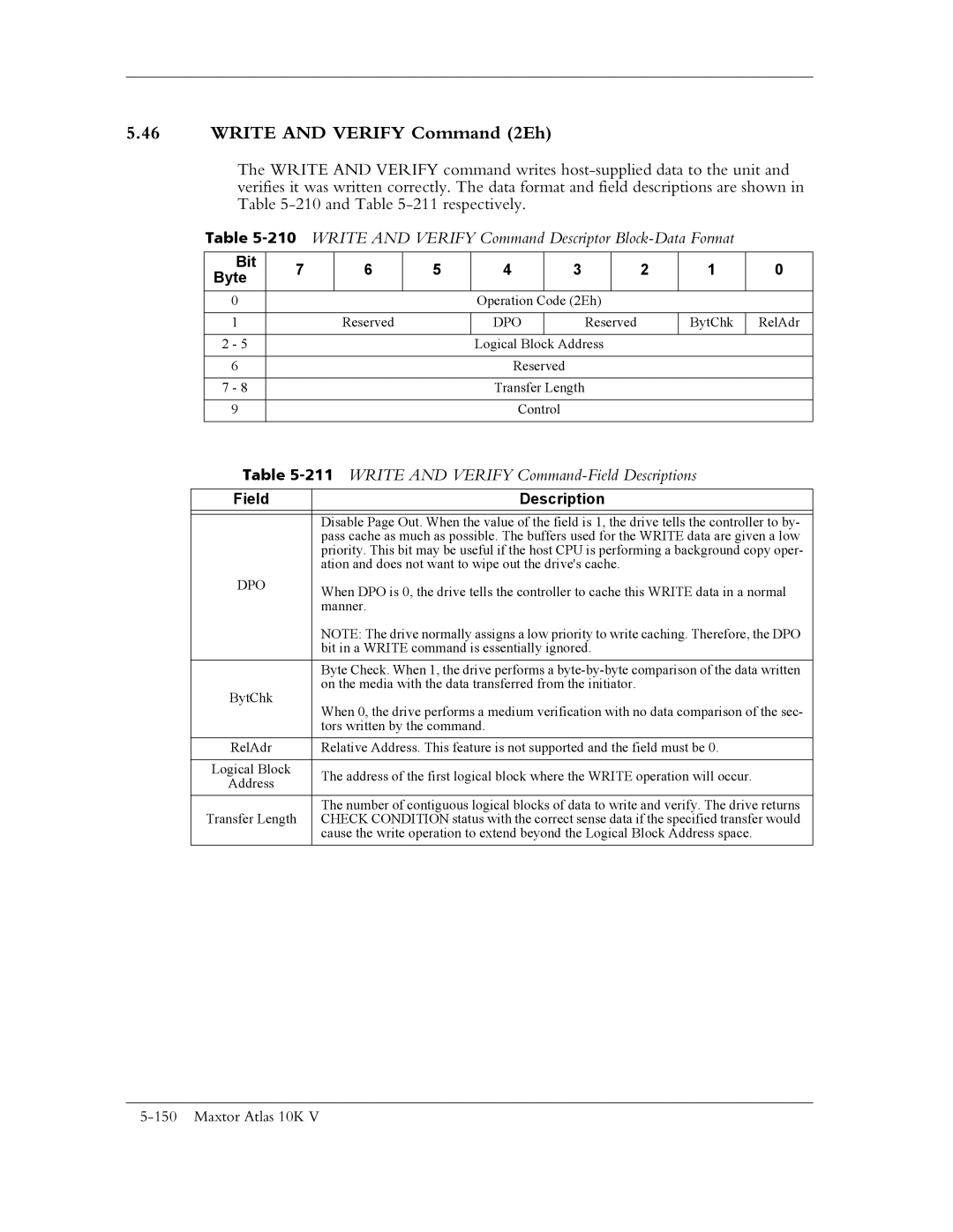 Maxtor 10K V manual Write and Verify Command 2Eh, 210WRITE and Verify Command Descriptor Block-Data Format 