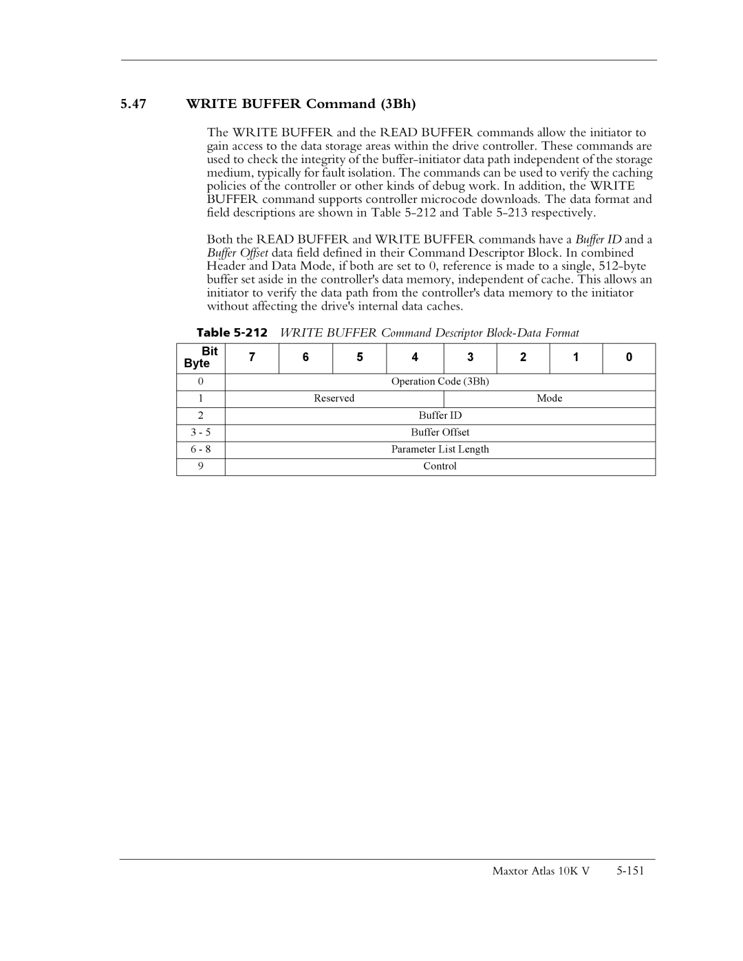 Maxtor 10K V manual Write Buffer Command 3Bh, 212WRITE Buffer Command Descriptor Block-Data Format 