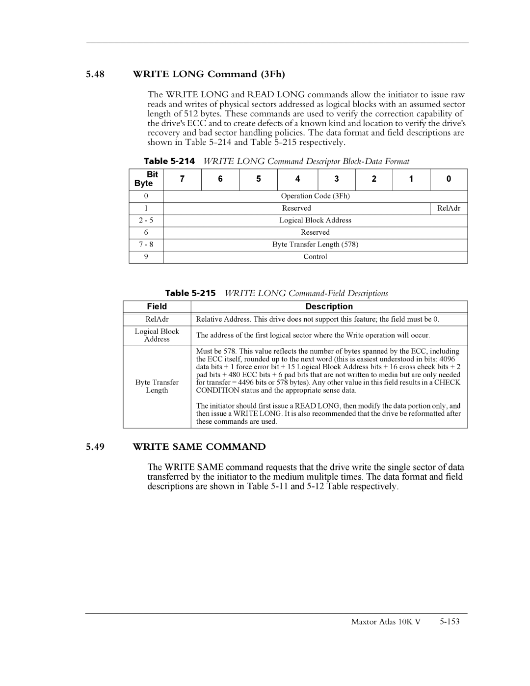Maxtor 10K V manual Write Long Command 3Fh, Write Same Command, 214WRITE Long Command Descriptor Block-Data Format 