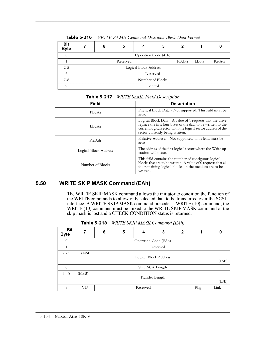 Maxtor 10K V manual 216WRITE Same Command Descriptor Block-Data Format, 217WRITE Same Field Description 