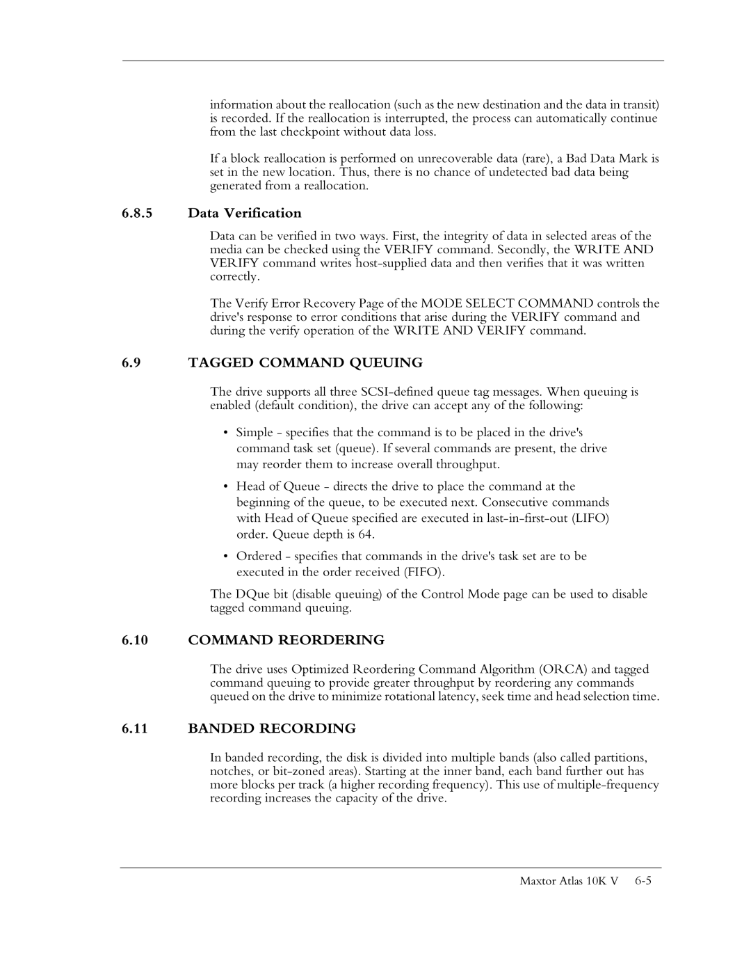 Maxtor 10K V manual Data Verification, Tagged Command Queuing, Command Reordering, Banded Recording 