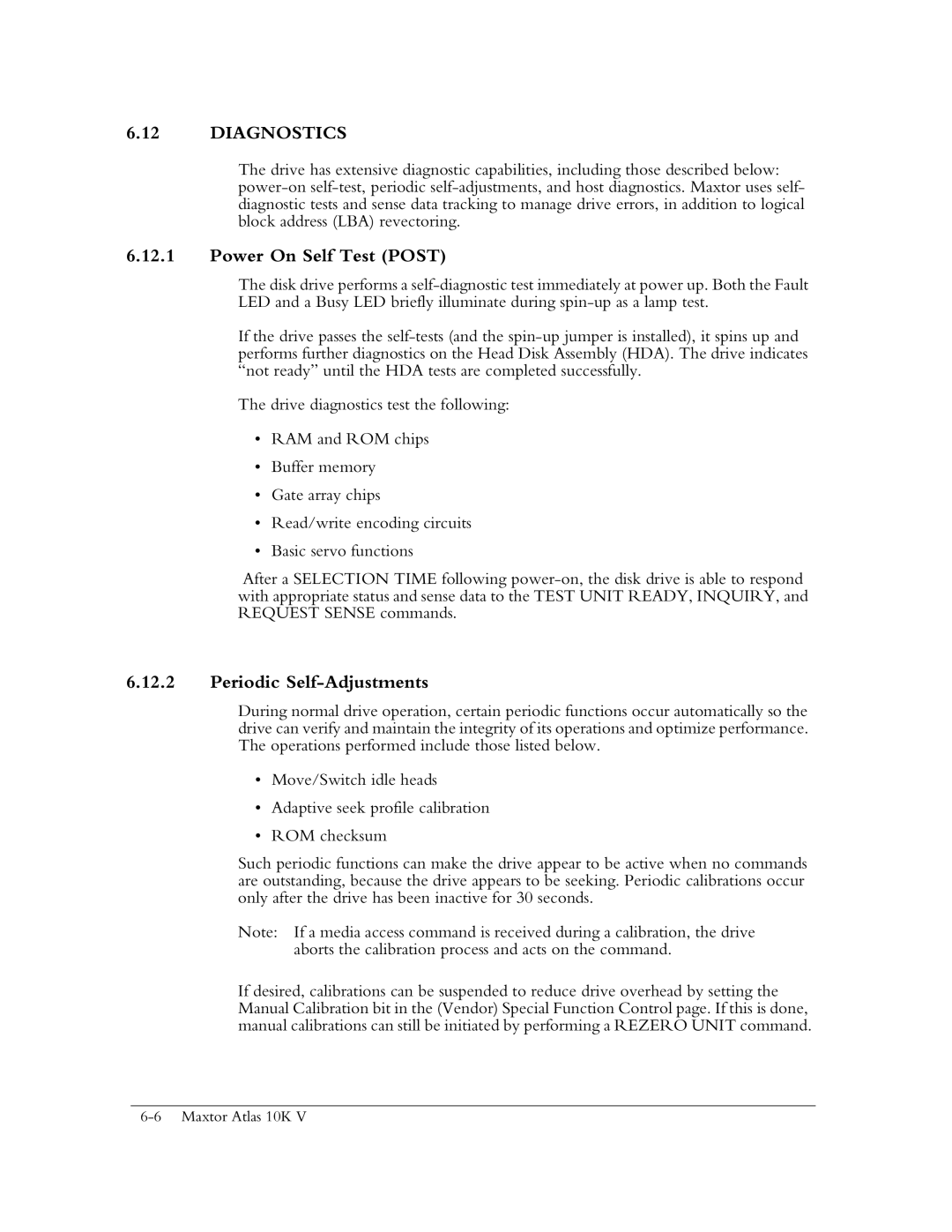 Maxtor 10K V manual Diagnostics, Power On Self Test Post, Periodic Self-Adjustments 