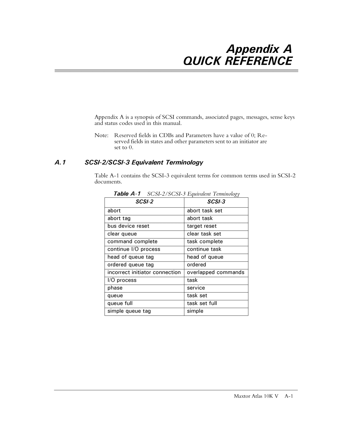 Maxtor 10K V manual Quick Reference, Table A-1SCSI-2/SCSI-3 Equivalent Terminology 