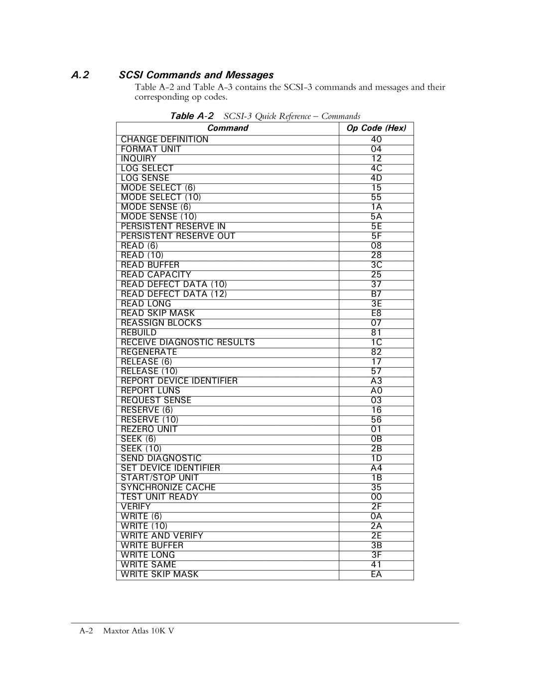 Maxtor 10K V manual Scsi Commands and Messages, Table A-2SCSI-3 Quick Reference Commands 