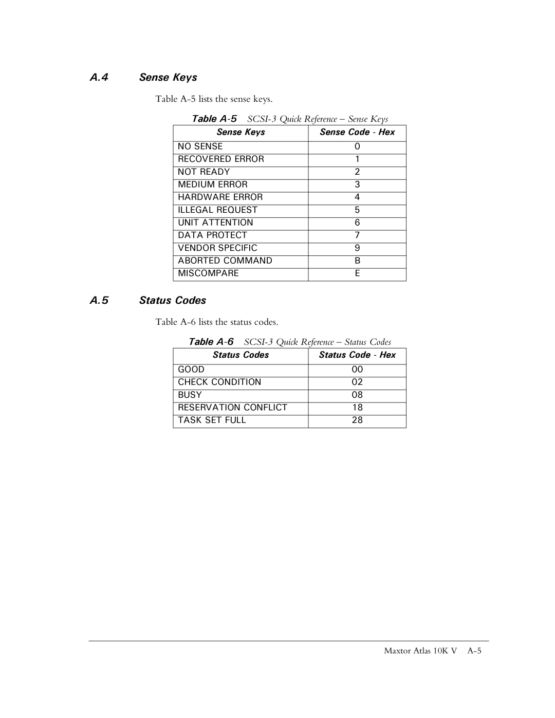 Maxtor 10K V manual Table A-5SCSI-3 Quick Reference Sense Keys, Table A-6SCSI-3 Quick Reference Status Codes 
