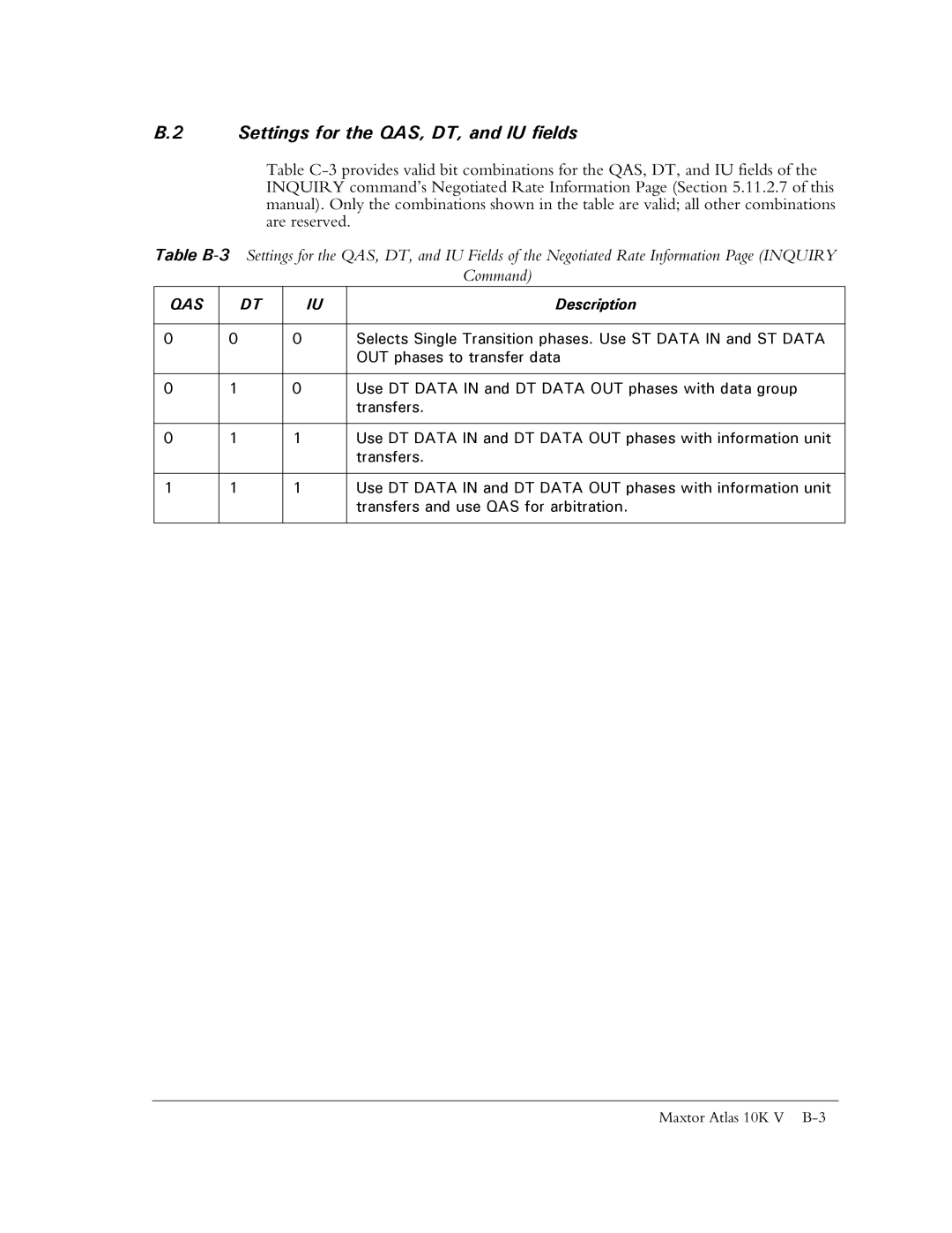 Maxtor 10K V manual Settings for the QAS, DT, and IU fields, Command 