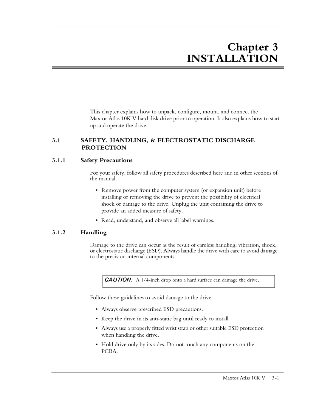 Maxtor 10K V manual SAFETY, HANDLING, & Electrostatic Discharge Protection, Safety Precautions, Handling 