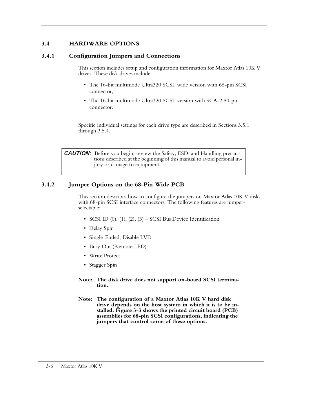 Maxtor 10K V manual Hardware Options, Configuration Jumpers and Connections, Jumper Options on the 68-Pin Wide PCB 