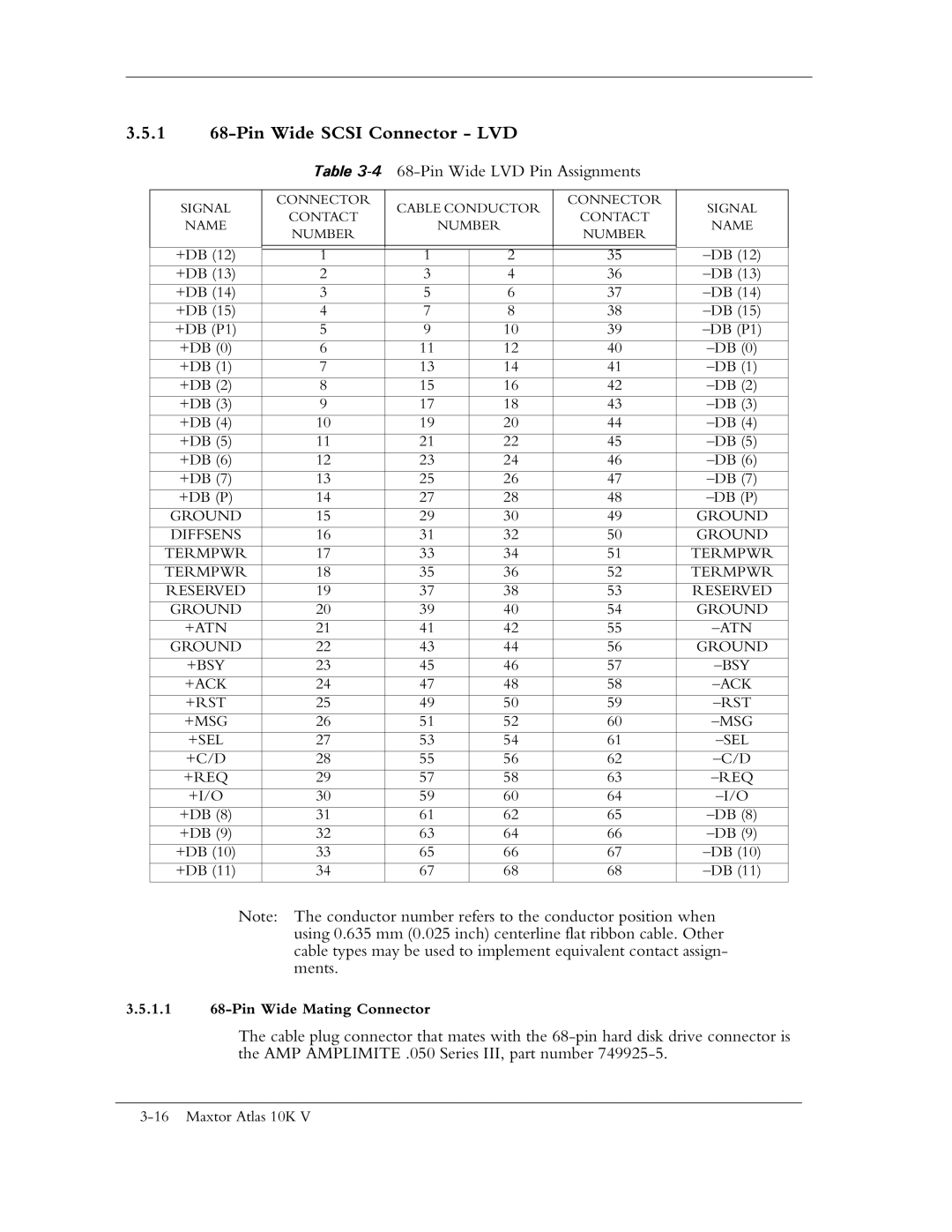 Maxtor 10K V manual 1 68-Pin Wide Scsi Connector LVD, Signal Name Connector Contact Number Cable Conductor 
