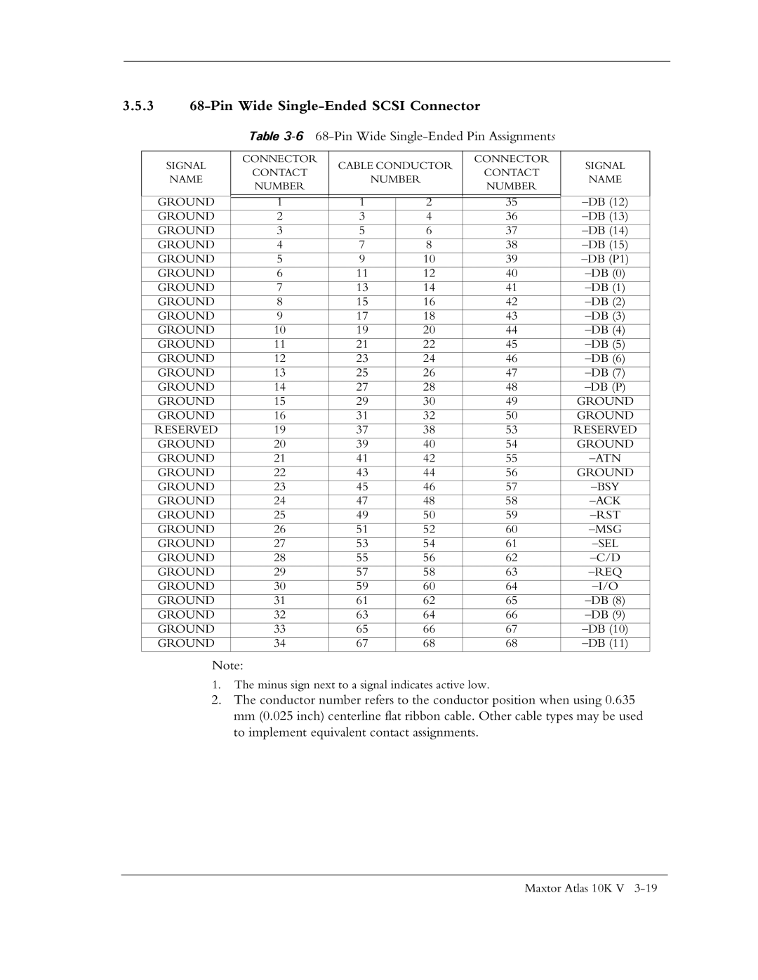 Maxtor 10K V manual 3 68-Pin Wide Single-Ended Scsi Connector, Pin Wide Single-Ended Pin Assignments 