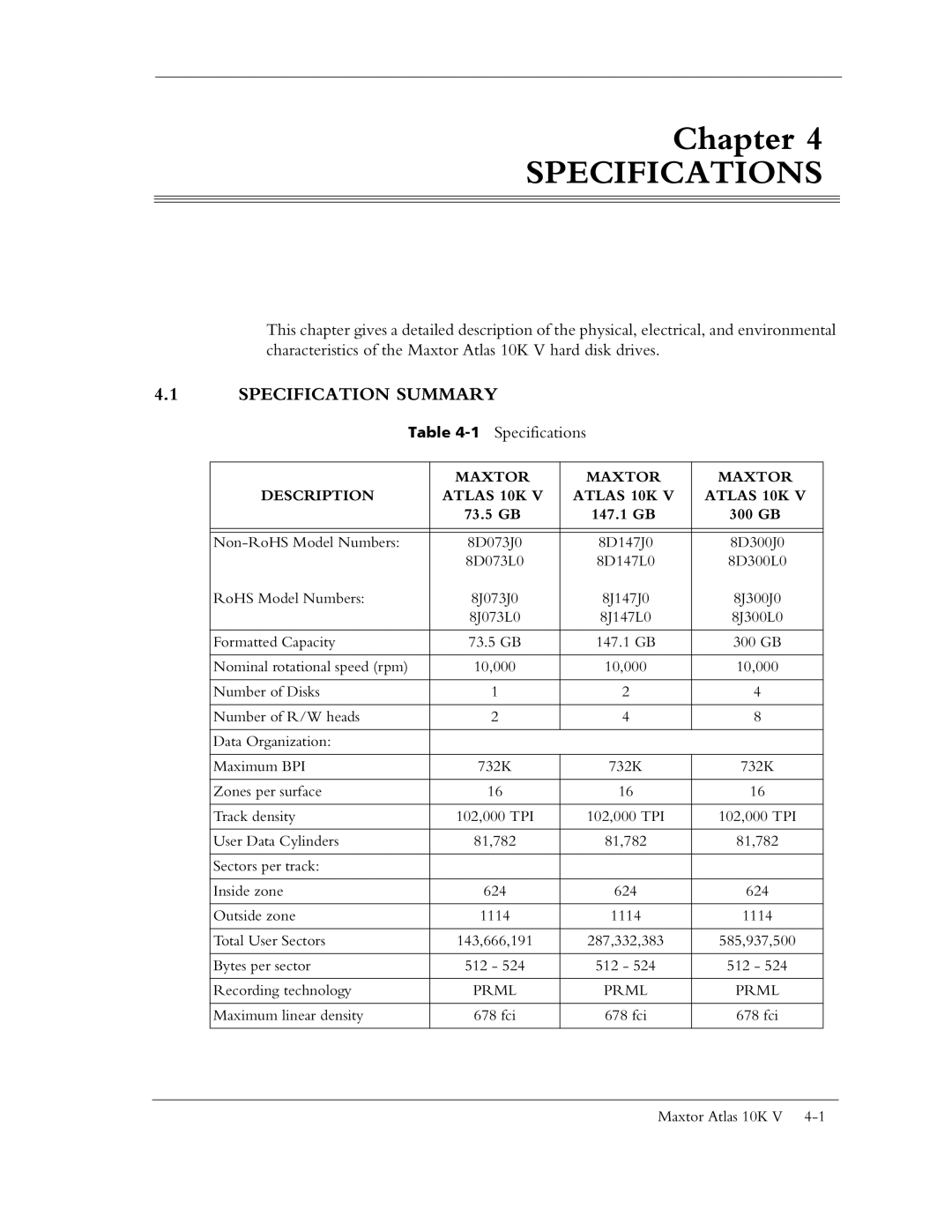 Maxtor 10K V manual Specifications, Specification Summary 