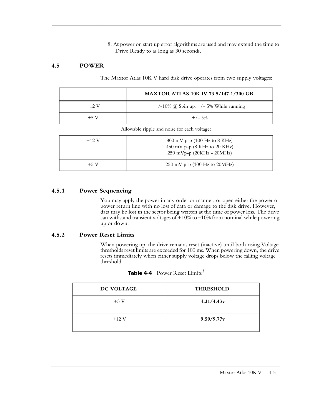 Maxtor 10K V manual Power Sequencing, Power Reset Limits 