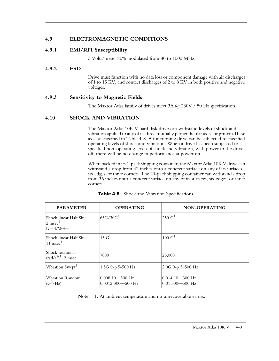 Maxtor 10K V manual Electromagnetic Conditions, 1 EMI/RFI Susceptibility, 2 ESD, Sensitivity to Magnetic Fields 