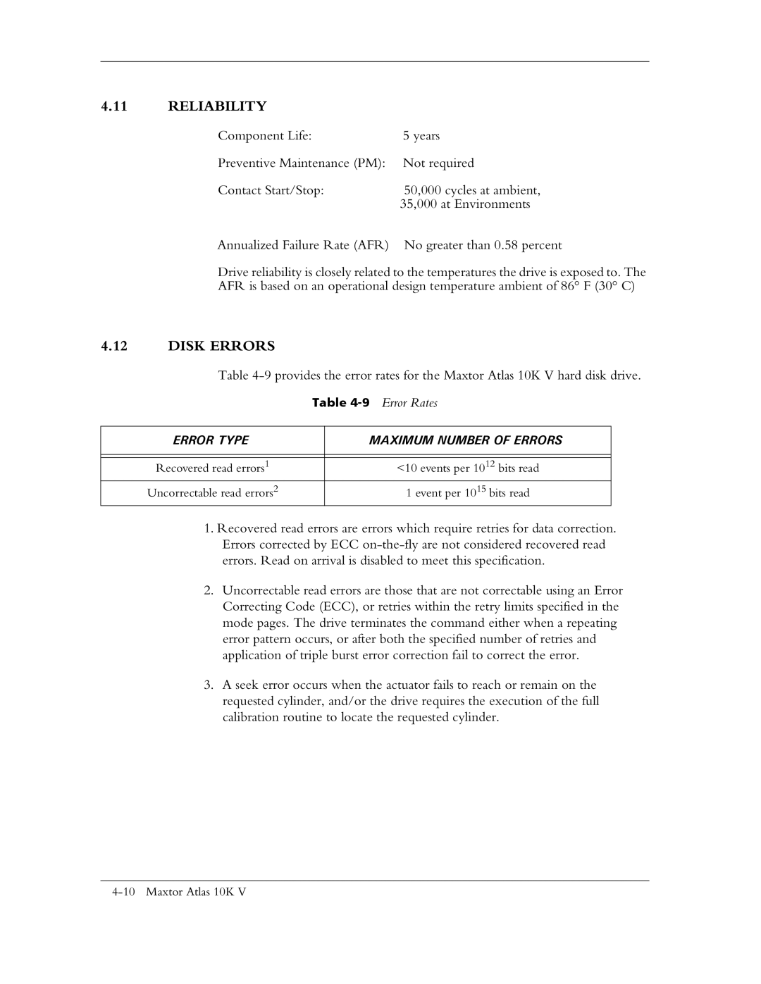 Maxtor 10K V manual Reliability, Disk Errors, 9Error Rates 