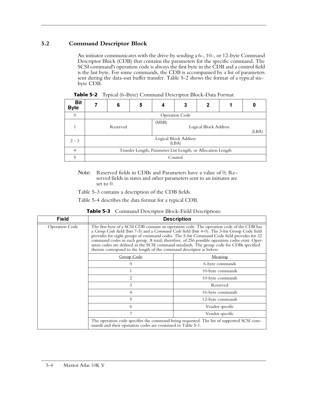 Maxtor 10K V manual Command Descriptor Block, Bit Byte, Description, Msb, Lba 