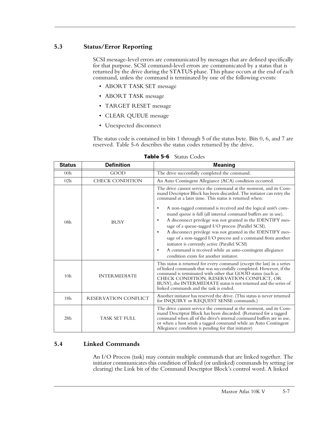 Maxtor 10K V manual Status/Error Reporting, Linked Commands, Status Definition Meaning 