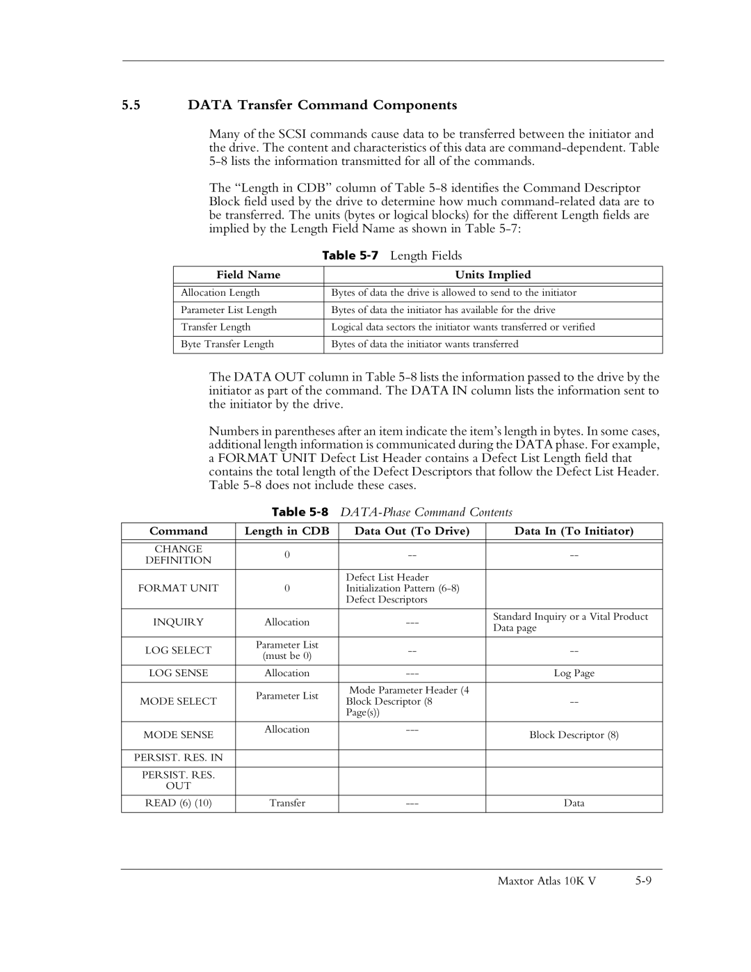 Maxtor 10K V manual Data Transfer Command Components, 8DATA-Phase Command Contents 