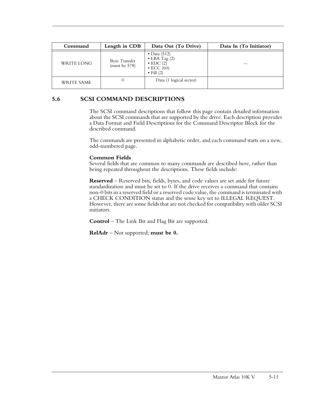 Maxtor 10K V manual Scsi Command Descriptions, Common Fields 