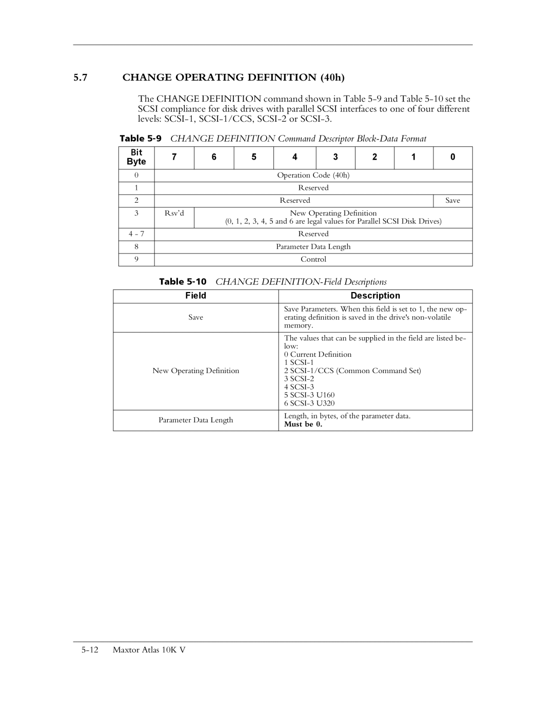 Maxtor 10K V manual Change Operating Definition 40h, 9CHANGE Definition Command Descriptor Block-Data Format 