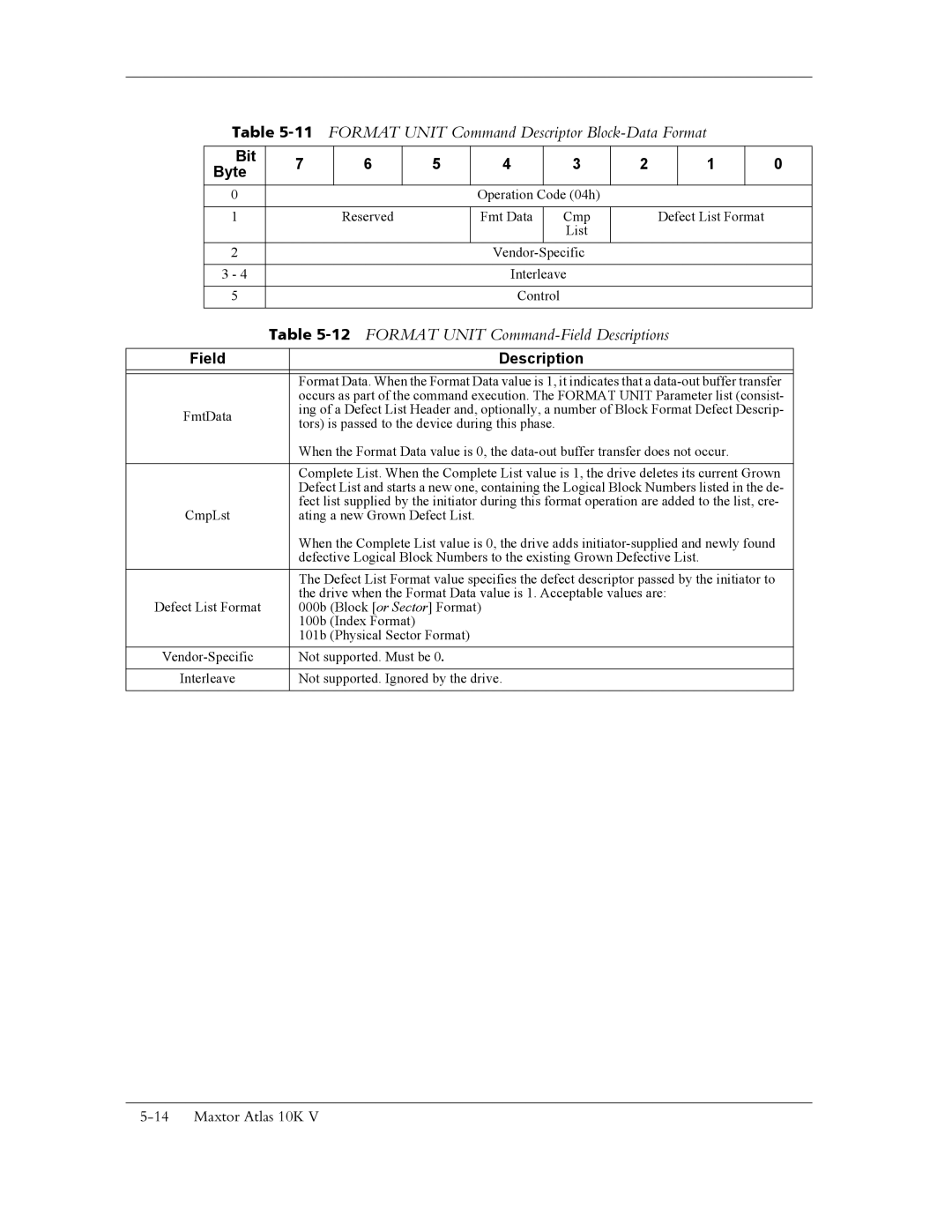 Maxtor 10K V manual 11FORMAT Unit Command Descriptor Block-Data Format, 12FORMAT Unit Command-Field Descriptions 