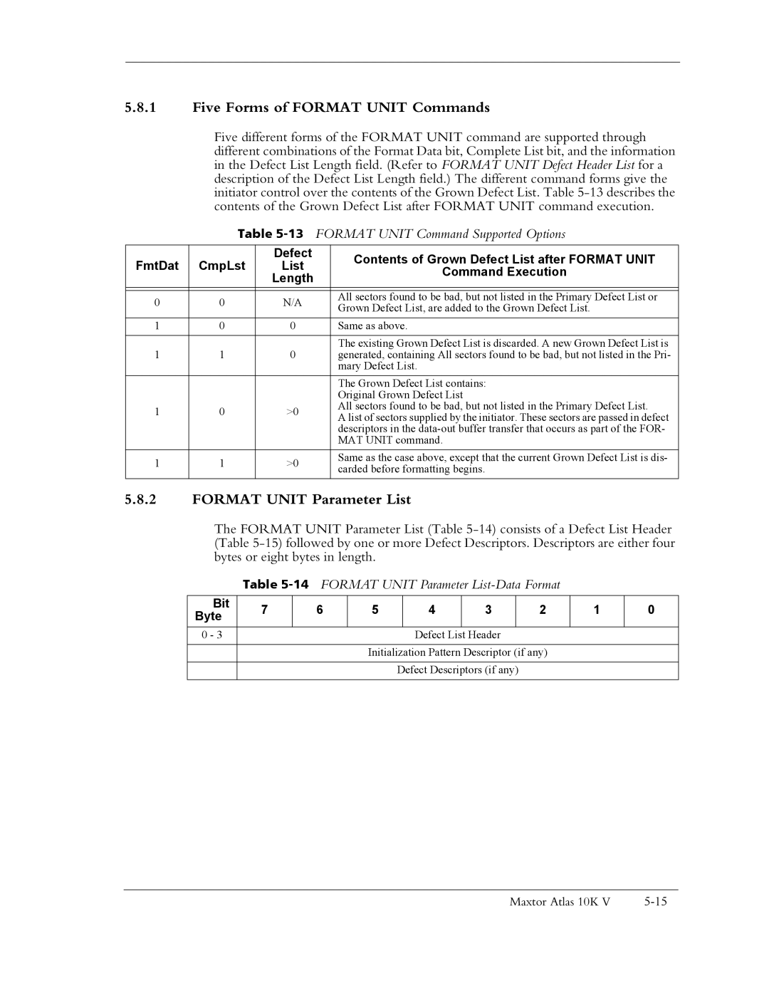 Maxtor 10K V manual Five Forms of Format Unit Commands, Format Unit Parameter List, 13FORMAT Unit Command Supported Options 