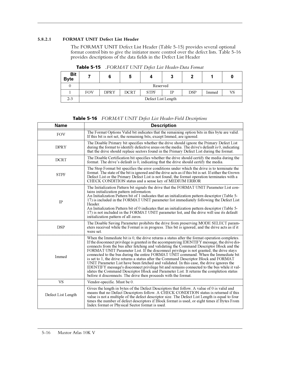 Maxtor 10K V FORMAT Unit Defect List Header-Data Format, 16FORMAT Unit Defect List Header-Field Descriptions, FOV Dpry 