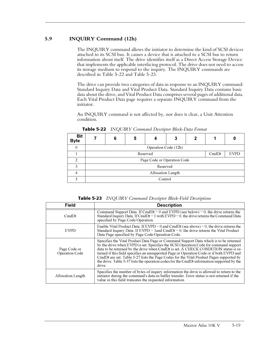 Maxtor 10K V manual Inquiry Command 12h, 22INQUIRY Command Descriptor Block-Data Format, Evpd 