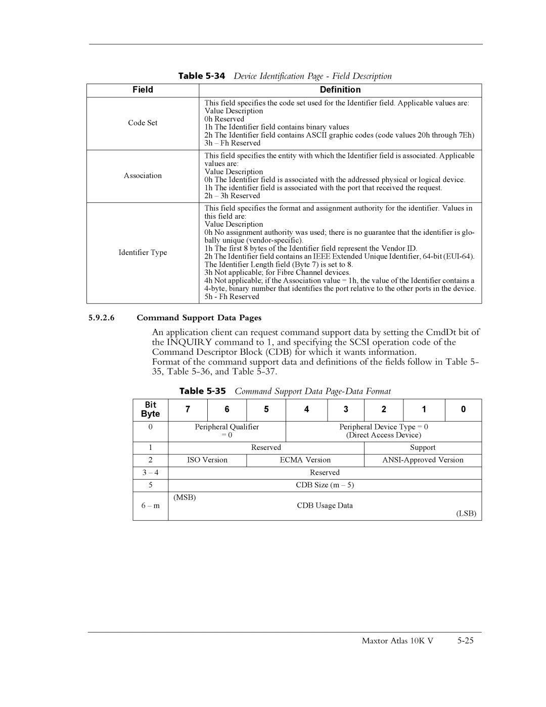 Maxtor 10K V manual 34Device Identification Page Field Description, 35Command Support Data Page-Data Format, Lsb 