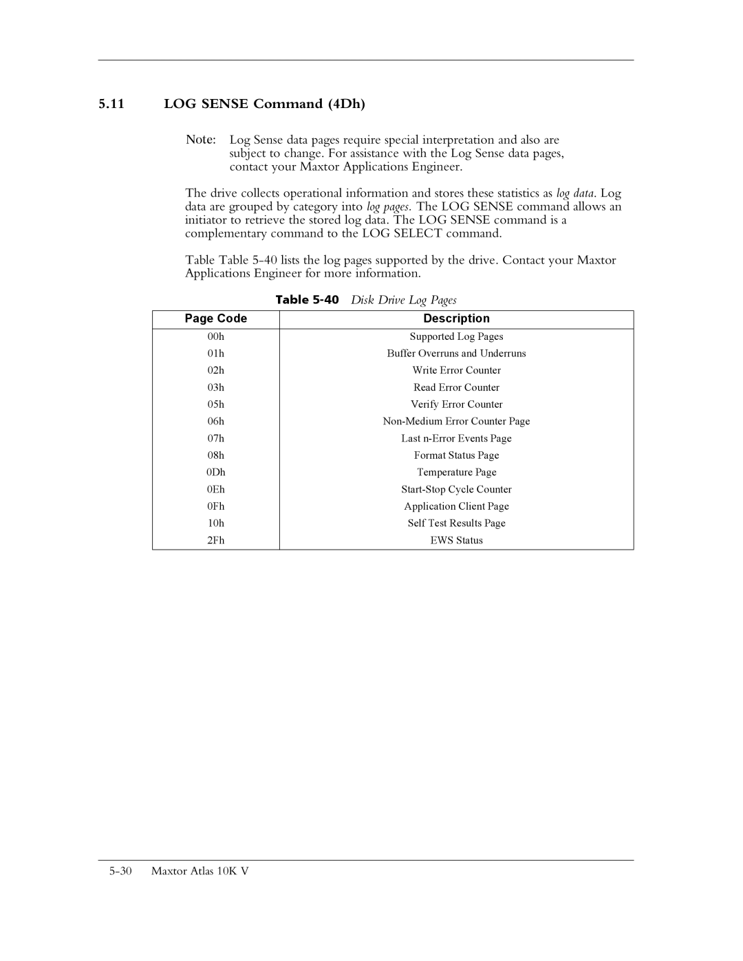 Maxtor 10K V manual LOG Sense Command 4Dh, Disk Drive Log Pages, Code Description 