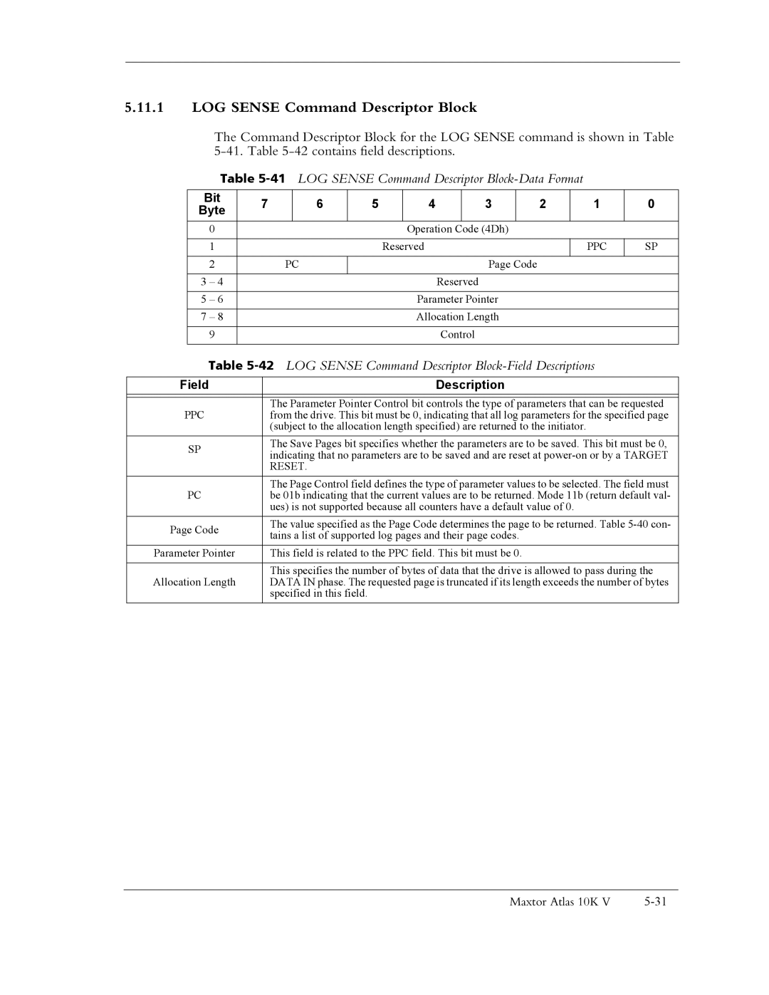 Maxtor 10K V 41LOG Sense Command Descriptor Block-Data Format, 42LOG Sense Command Descriptor Block-Field Descriptions 