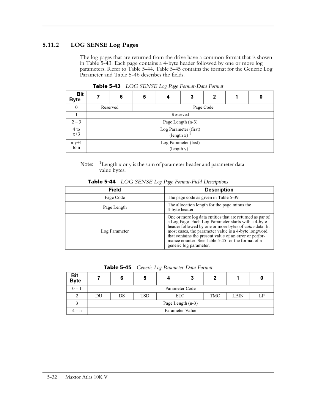 Maxtor 10K V manual LOG Sense Log Pages, 43LOG Sense Log Page Format-Data Format, Tsd Etc, Lbin 