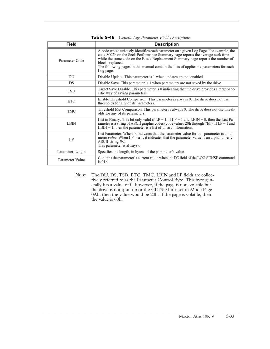 Maxtor 10K V manual 46Generic Log Parameter-Field Descriptions 