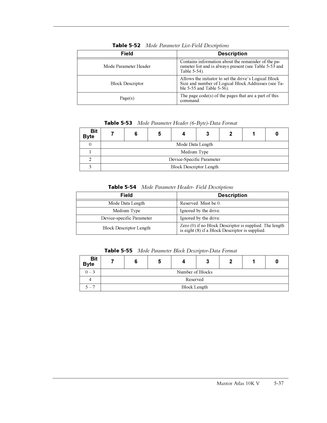 Maxtor 10K V manual 52Mode Parameter List-Field Descriptions, 53Mode Parameter Header 6-Byte-Data Format 