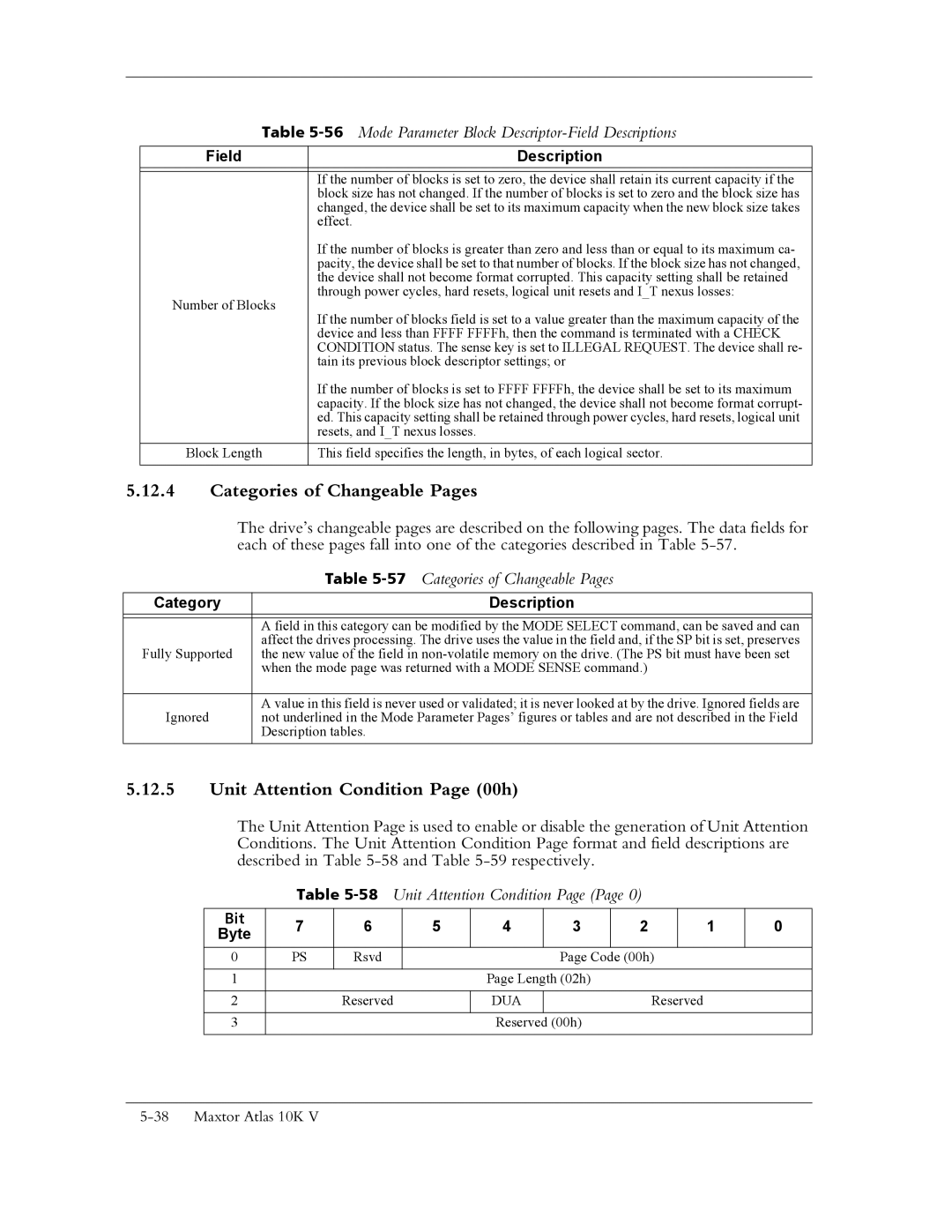 Maxtor 10K V manual Unit Attention Condition Page 00h, 57Categories of Changeable Pages, 58Unit Attention Condition 