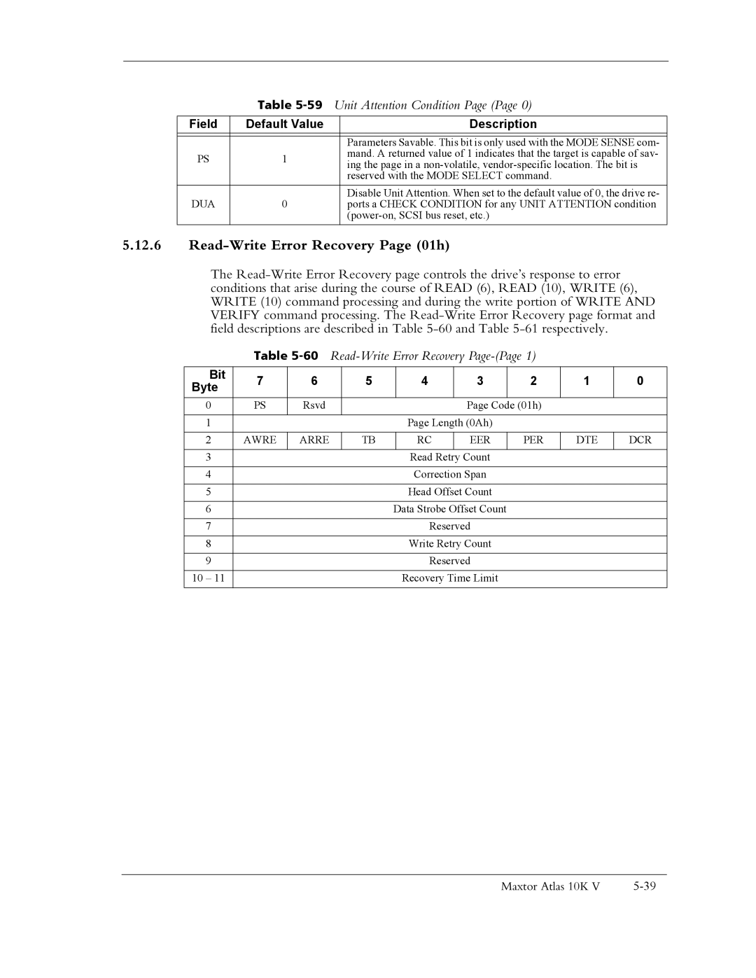 Maxtor 10K V manual Read-Write Error Recovery Page 01h, 59Unit Attention Condition, 60Read-Write Error Recovery Page-Page 