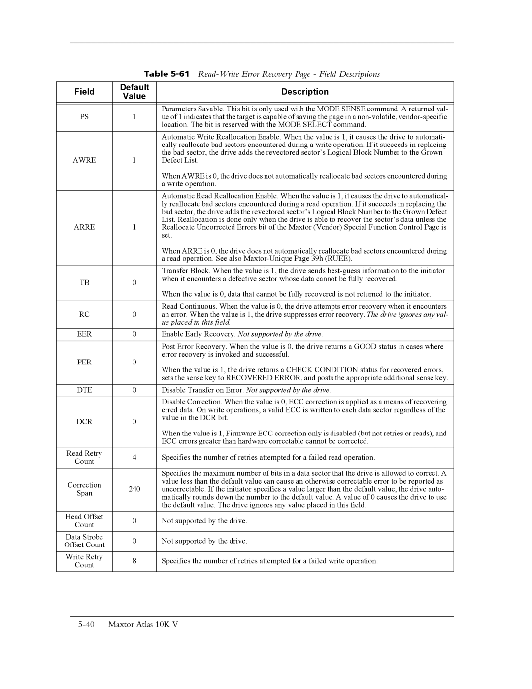 Maxtor 10K V manual 61Read-Write Error Recovery Page Field Descriptions, Default Description, Awre 