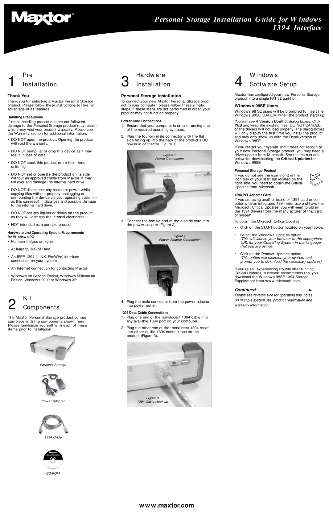 Maxtor 1394 warranty Pre Installation, Kit Components, Hardware Installation 