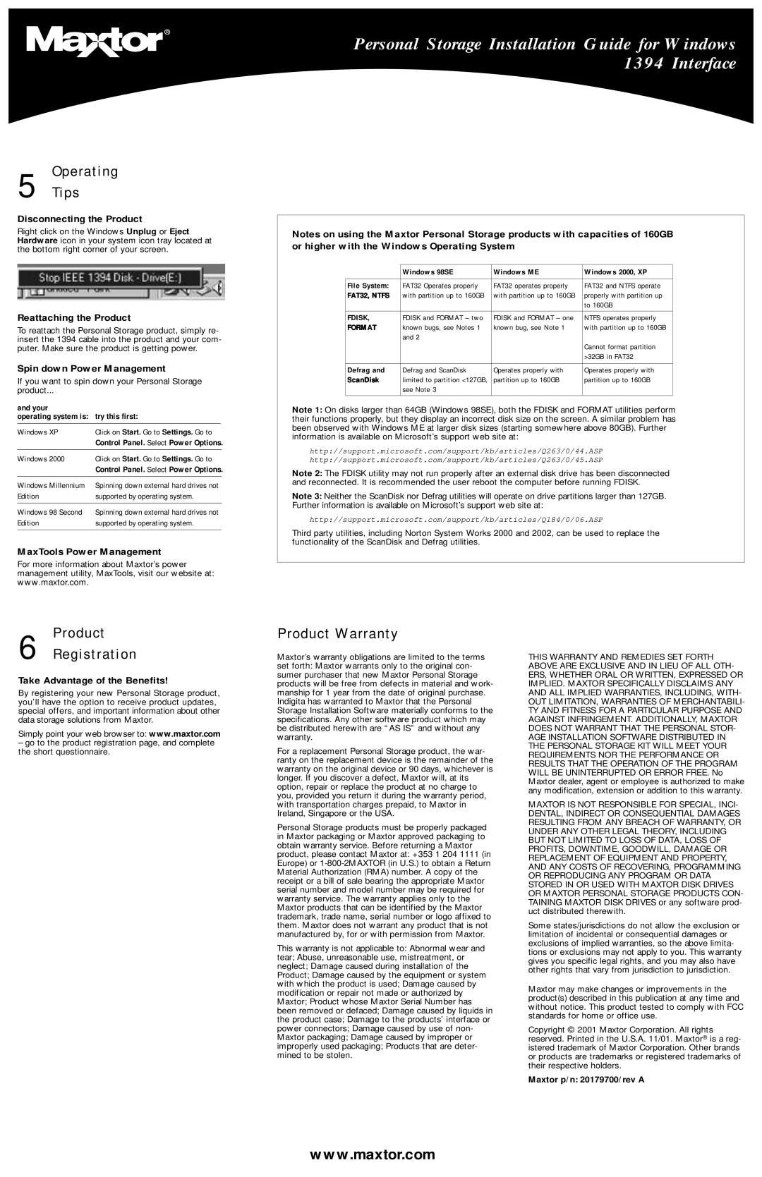 Maxtor 1394 warranty Operating Tips, Product Registration, Product Warranty 