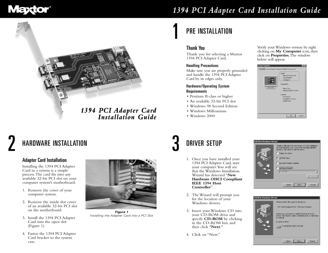 Maxtor 1394 manual Hardware Installation, Driver Setup, Thank You, Adapter Card Installation, Handling Precautions 