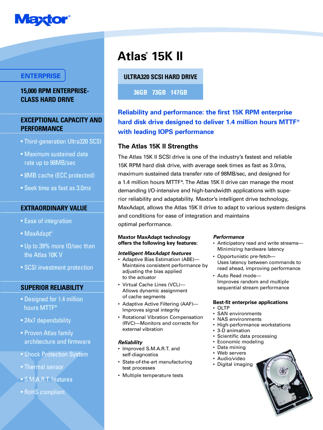 Maxtor 15K II manual Intelligent MaxAdapt features, Reliability, Performance 