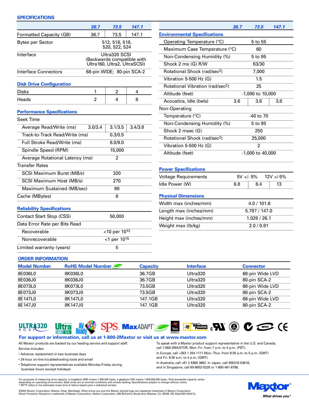 Maxtor 15K II Environmental Specifications, Disk Drive Configuration, Performance Specifications, Power Specifications 