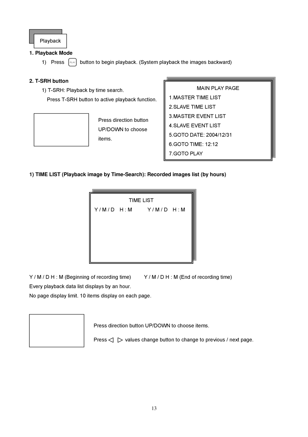 Maxtor 16 Channel Digital Video Recorder user manual Playback Mode, SRH button, Time List 