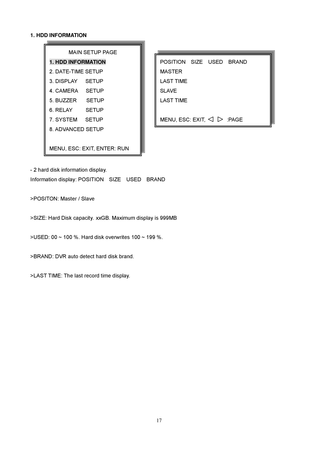 Maxtor 16 Channel Digital Video Recorder user manual HDD Information, Main Setup Position Size Used Brand 