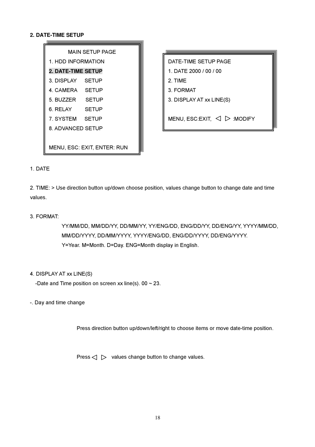 Maxtor 16 Channel Digital Video Recorder user manual Main Setup HDD Information DATE-TIME Setup 