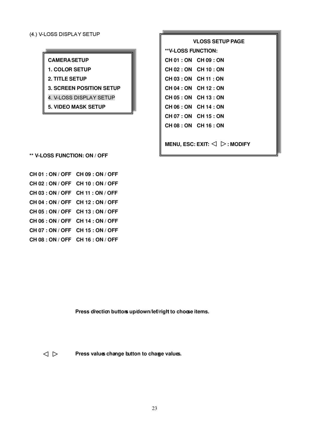 Maxtor 16 Channel Digital Video Recorder user manual Loss Display Setup, Vloss Setup, Loss Function 